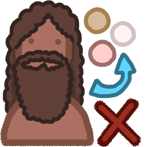 a tan / brown man with long brown hair and a long brown beard, next to him on his right is 3 circles, one is white, one is a light peachy tone, and one is a light olive tone, below the circles is a blue arrow coming from jesus pointing to the circles, and below the arrow is a big red X